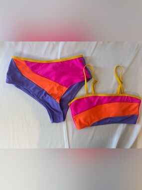 Colorblock Bandeau Bikini Set in Pink, Orange & Purple with Yellow Trim